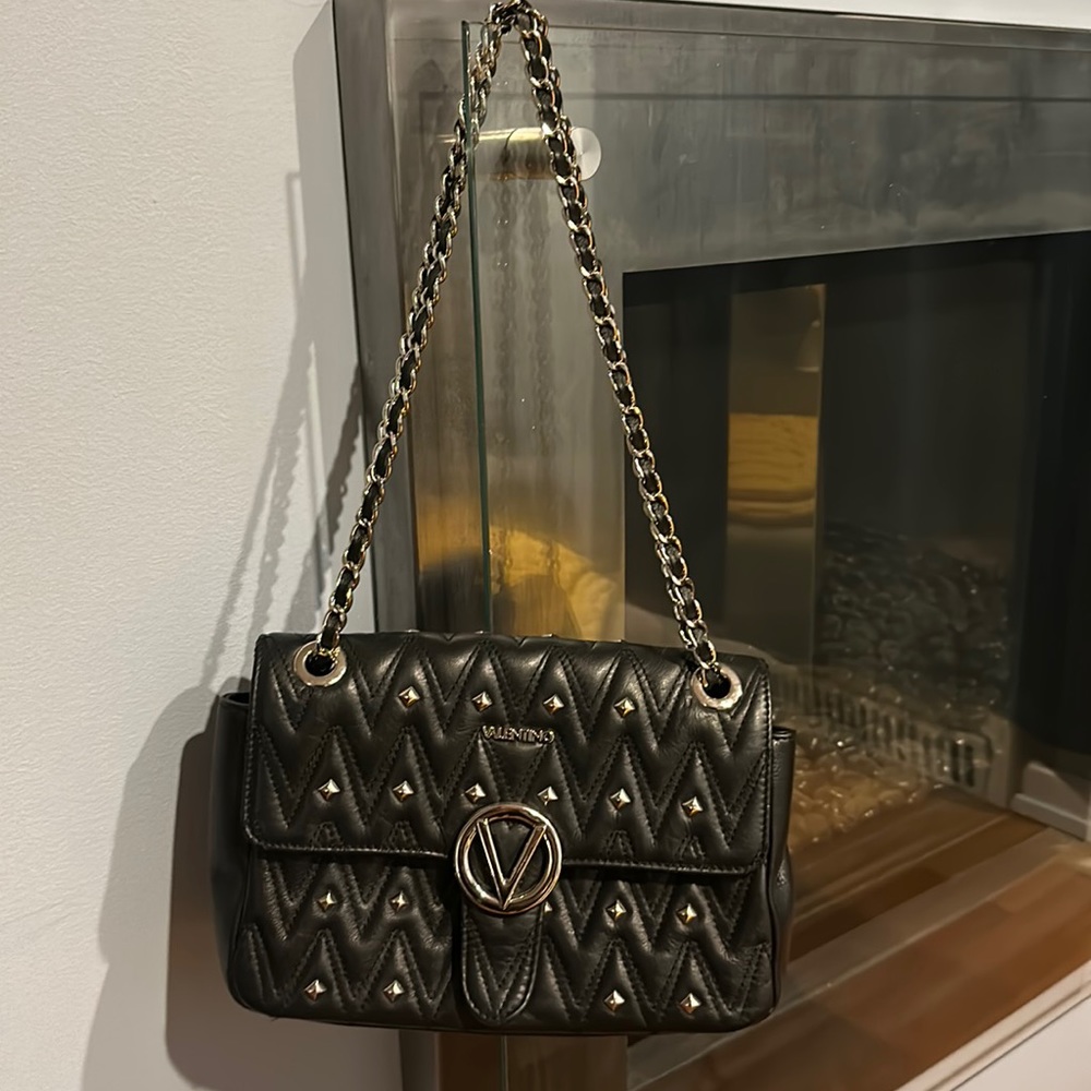 Valentino Mario Black Quilted Shoulder Bag with Gold Hardware